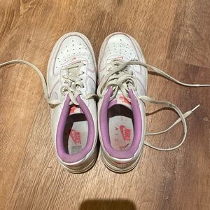 Kids 6Y/Womens 8.5-9 white Air Force 1 sneakers, Hot pink and purple accents.